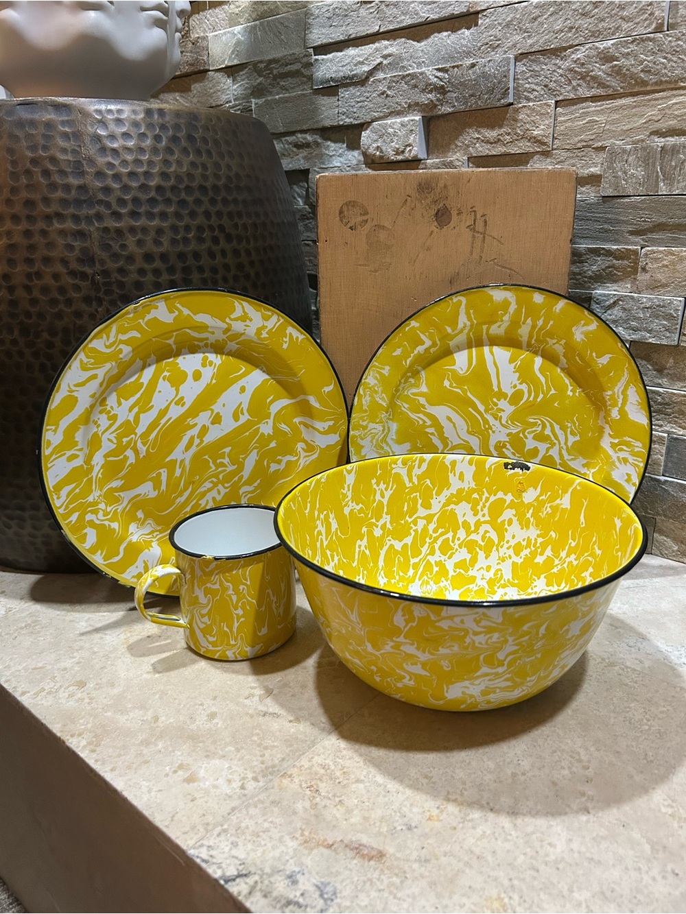 Yellow Marble Enamel Dinnerware Set - 4-Piece